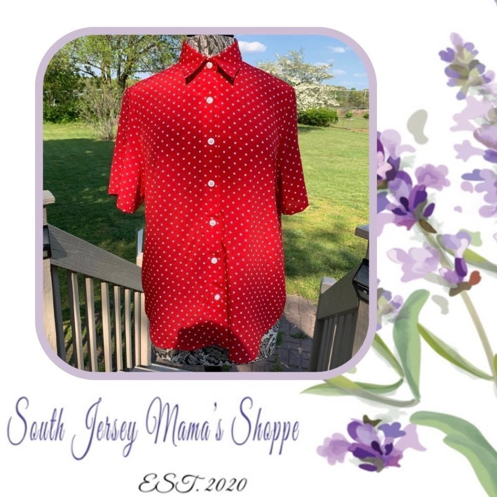 Vintage 1980s Size S Petite Bon Worth Blouse Red With White Polka Dots (C83)